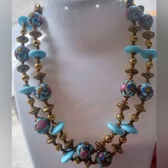 Wedding Cake Robin Egg Blue Glass Beaded Gold Tone Vtg 28" GORGEOUS Necklace - Picture 12 of 15